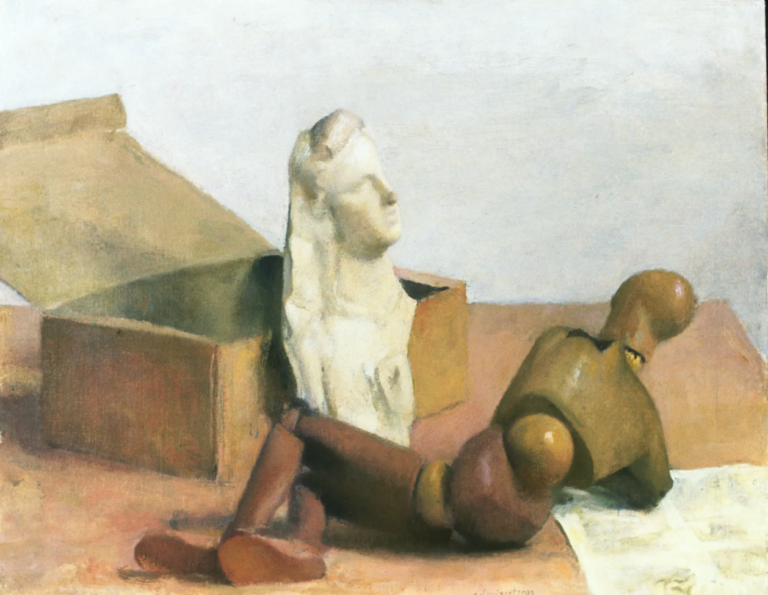 Still life painting of a wooden mannequin reclining and looking at a fragment of a plaster cast of a woman looking off in the distance, leaning up against an open box, muted colors, and a white background