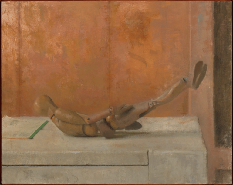 Still life painting of a wooden mannequin laying on its back with head on the left, feet on the right with feet raised in the air as if the figure is in frozen free fall, muted off white table surface that the mannequin is sitting on and muted warm orange background