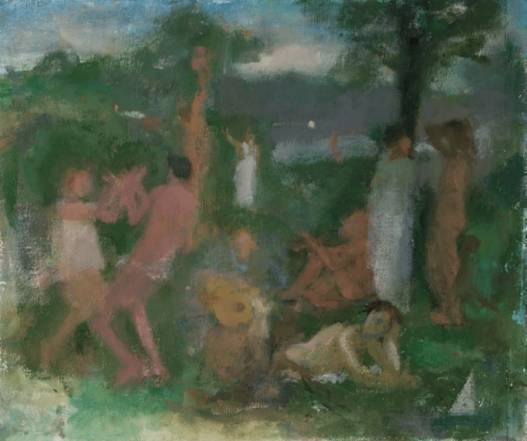 Loosely painted multi-figured baccanal with two figures dancing together on the left, two figures standing under a tree to the right, and man holding a baby in the air off in the distance, muted greens and neutral fleshtones