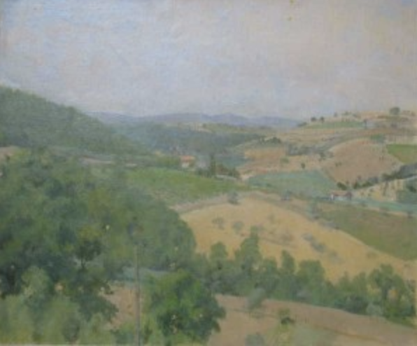 Landscape painting of rolling hills, trees, brown fields off in the distance in muted tones of greens, yellows that fade to a blue gray dusty skyline.