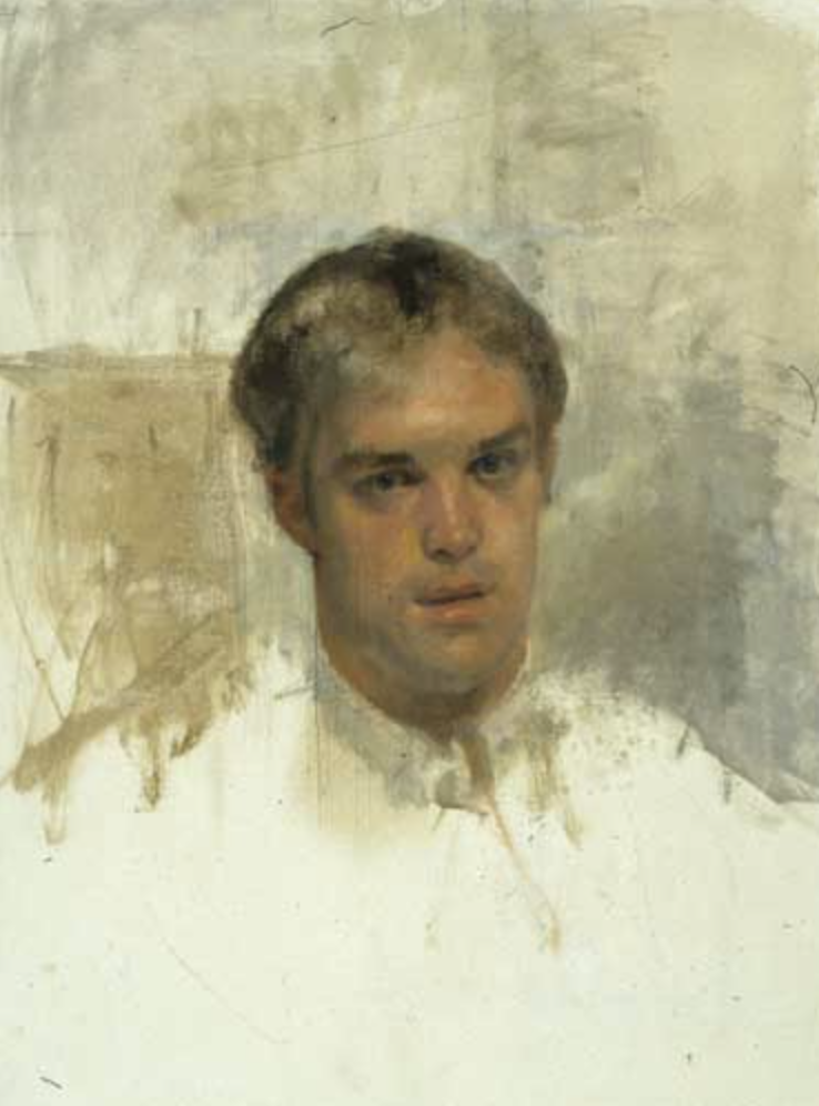 Portrait painting of a young man with blond hair, mouth slightly open and lost in thought, with off white background in muted tones showing brushwork and unfinished surface.
