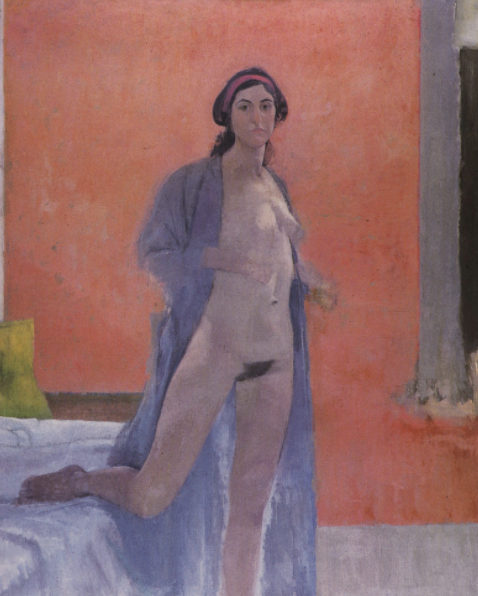 painting of woman standing, descending from a bed, nude with an open robe looking at the viewer