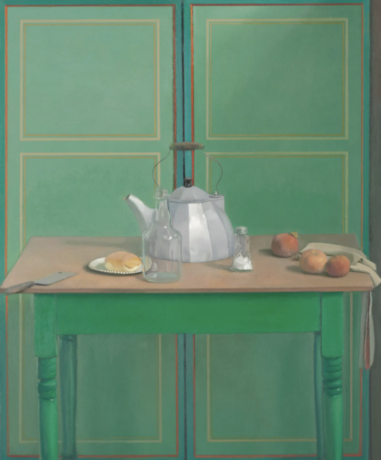 Still life painting with an aluminum tea kettle, peaches, salt shaker, and biscuit on a plate, presented on a wooden table with green legs and a green paneled backdrop
