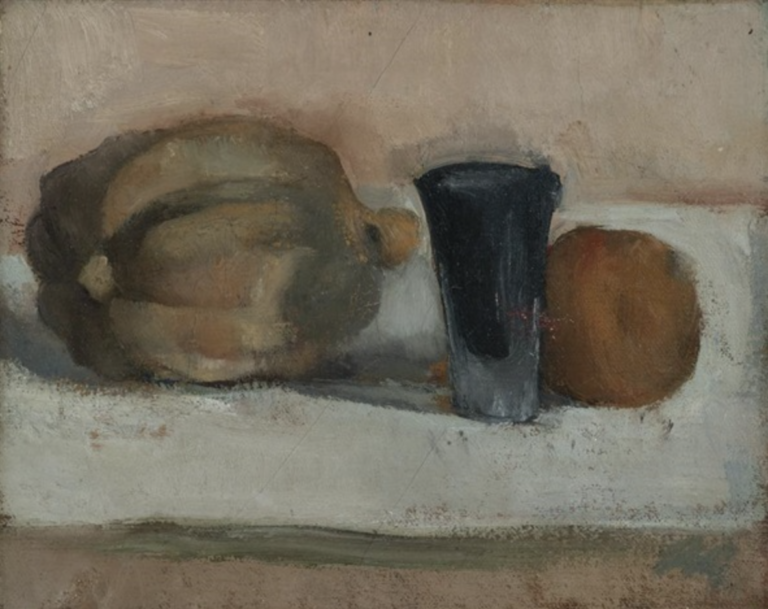 Still life painting in muted tones with squash, dark shot glass, and peach on white cloth.