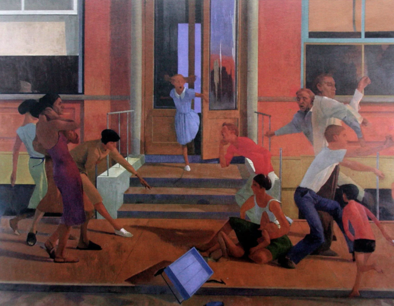 painting of an urban street scene with multiple figures interacting in front of a building entrance with steps and windows. A man is looking at the viewers and running to the left, multiple figures, women and children are also running, furniture is upturned and a woman in a white tank top is kneeling to help someone who has fallen.