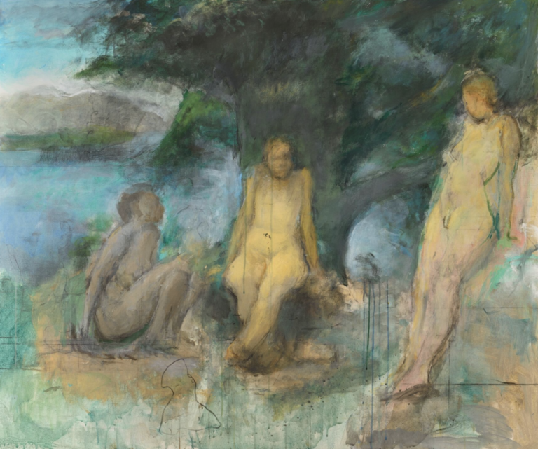 Loosely painted multi-figured painting of three nude women gathered under a tree with a lake and mountains beyond, one figure sitting with knees up on left, one figure standing, leaning back on hands on right, with center figure leaning back and looking at viewer, overall muted tones with yellow and pinks and greens