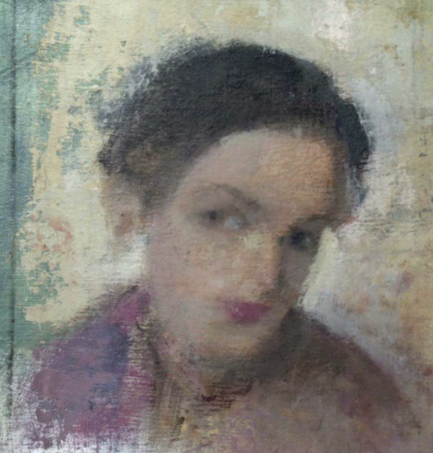 Three quarter portrait painting, muted with soft edges and visible brushwork, of a woman in a muted lavender shirt and dark hair looking to the left