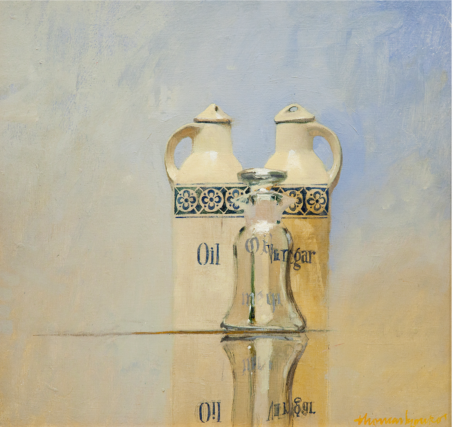 A still life of oil and vinegar cruets, with a glass salt shaker in front of them, all reflected on a glass tabletop.