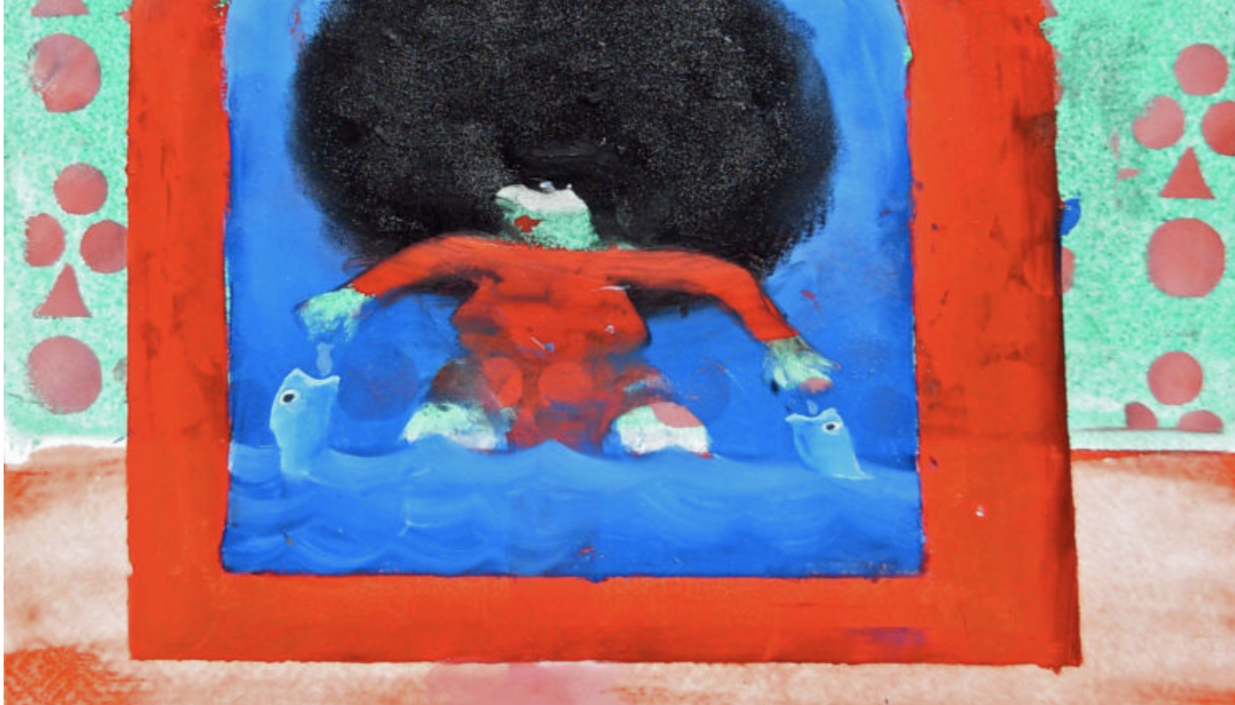 abstract expressionist painting of a figure in red with outstretched arms and large, round mass of black hair in a field of blue
