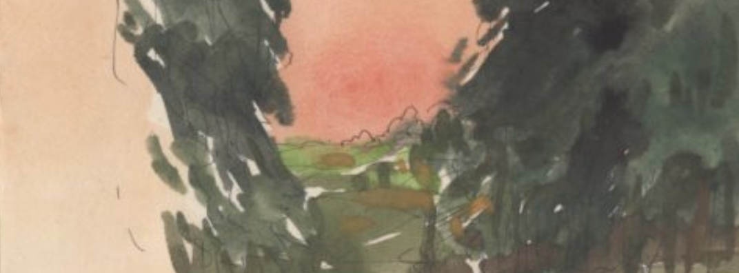 Detail of a watercolor painting of a landscape with trees and an orange sunset