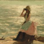 full color painting of a girl standing on a pier with the ocean behind. She isn wearing a pink dress with a white apron, and her hand reaches up to the brim of her white hand, as if holding it agains the wind. Sung glints off the oceanic water behind her.