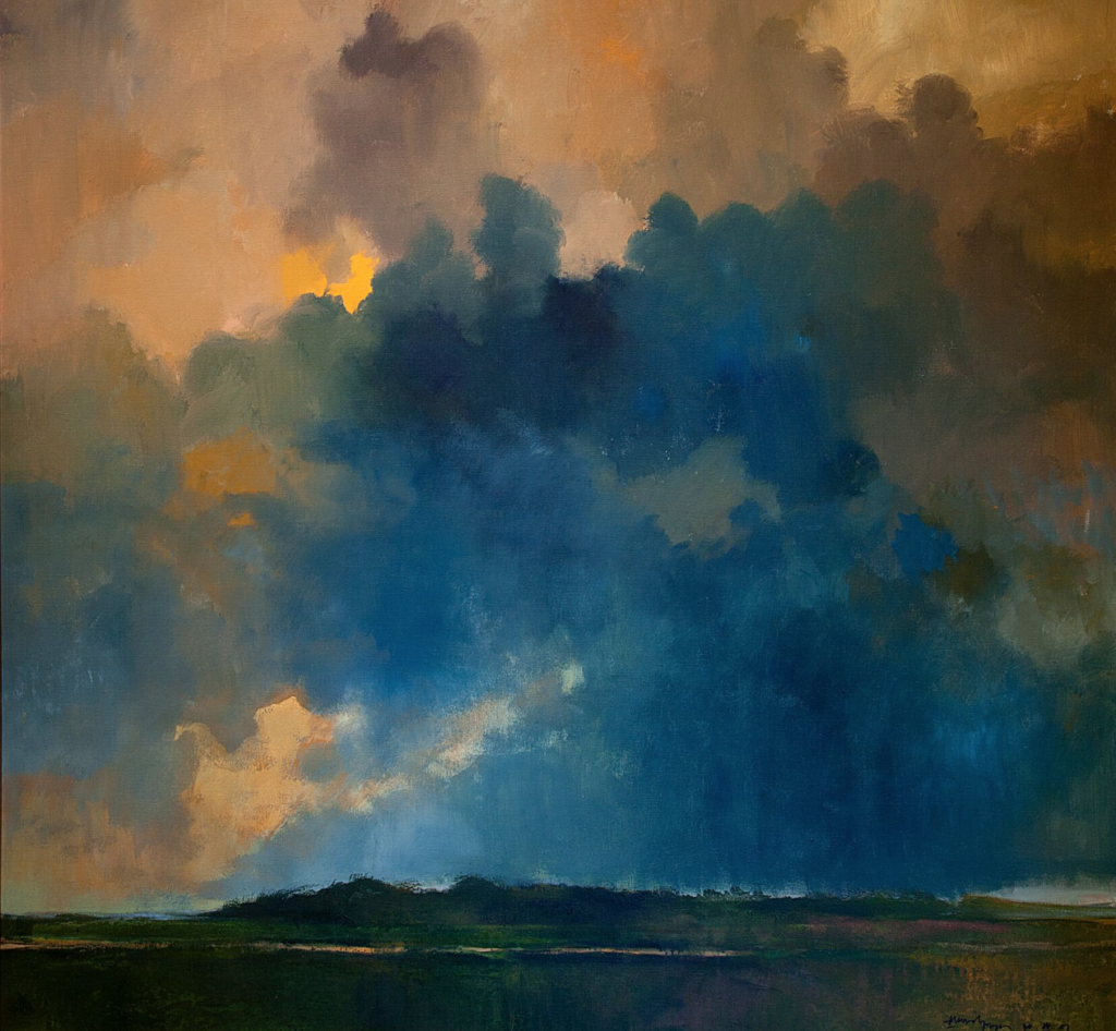 A landscape painting whose focus is on a sky full of excitement: interesting shape, surprising color, blue clouds, orange clouds. The foreground is minimal, a dark hilly land mass and water, it seems, reflecting some of the sky's warmer notes.