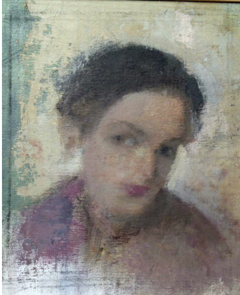three quarter portrait painting of young woman looking to the left in a muted, lavender shirt with dark hair, rendered in soft, diffused brushwork