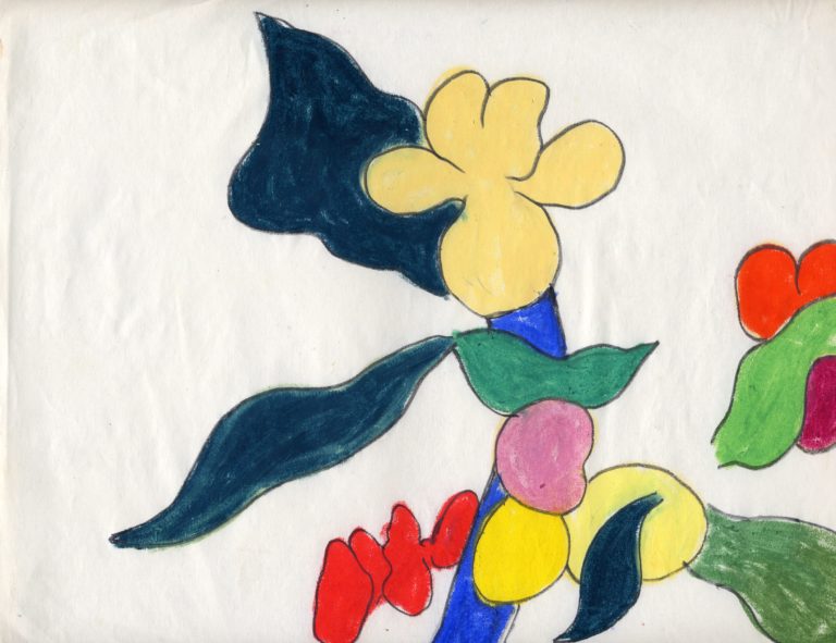 abstract painting of pale yellow flower with dark leaves and various smaller red and blue and lavender shapes on white background
