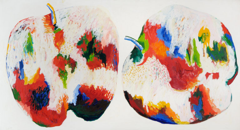 painting of two large abstracted apples side by side, filled in with miscellaneous bright colors including oranges, blues, yellows, and greens on white background