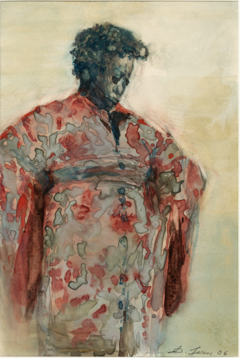 watercolor painting of a black woman in full three quarter standing pose dressed in a patterned red kimono, hands on hips, chin dropped looking down to the right