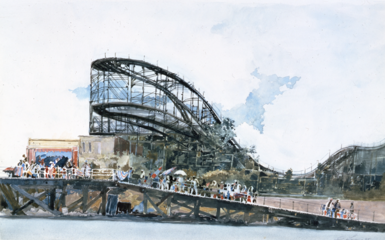 water color of a roller coaster seen from a distance, carefully detailed with a large crowd of people gathered at its base waiting in line, bright summer sky with boardwalk in foreground