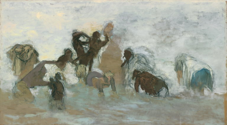 large abstract painting of multiple figures gathered together in a tight grouping along a horizon line, strong silhouettes in muted tones predominantly off whites accented by four darker warm-black silhouetted figures, clean bright background, darker shadowed foreground
