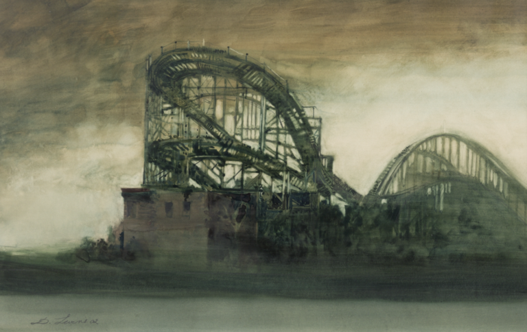 water color painting of a strongly silhouetted roller coaster seen from a distance, bright stormy sky beyond, dark, looming and backlit roller coaster in foreground with strong dark sense of horizon line and structural gesture of roller coaster rising up out of shadows illuminated by stormy sky beyond