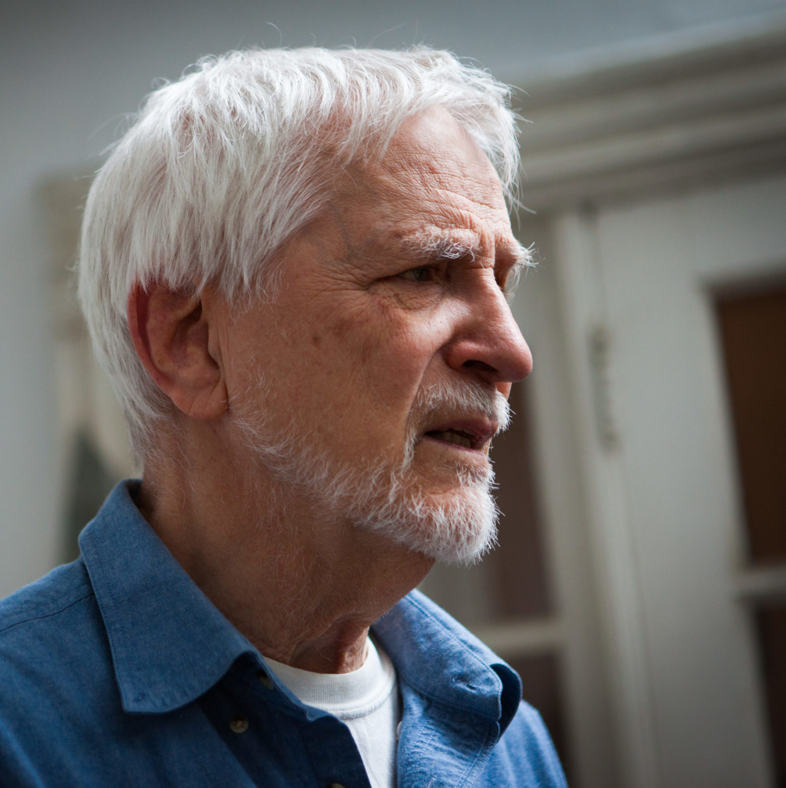 Lennart Anderson profile photo from the side, silver hair, clippered beard, looking concerned