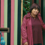 Late life color photograph of Agnes Varda leaning against two doors that are patterned with vertical stripes in alternating hues of muted green, red, and black; Agnes has short cropped dark hair with red accents, her head is tipped slightly to the right, and she is wearing a loosely fitted maroon jacket, a necklace of dark red beads, and a loose, dark red knitted sweater. She is leaning agains one of the doors with her hand prominently placed toward the right of the frame; a bronze mail slot is on the left with a blue electrical cord protruding from it.