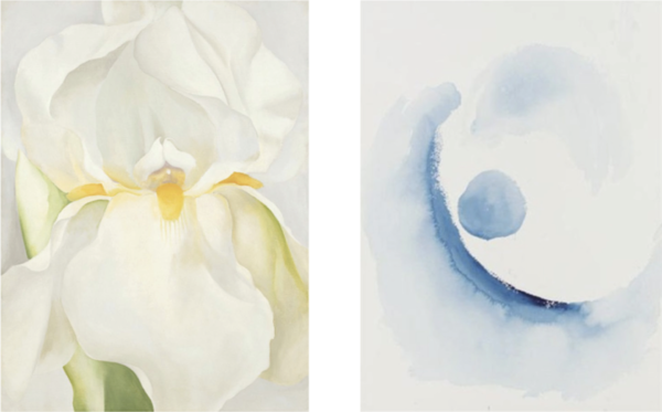 Two paintings by the artist Georgia O'Keeffe, the first of which is image of a large white iris rendered in pale warm off white and yellow hues with a chromatic yellow stamen in the center of the canvas; the second image is an abstract watercolor composition of a crescent moon shape cradling a sphere with the entire image rendered in a wash of pale blue