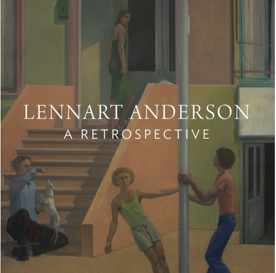 full color catalogue cover with white text superimposed over a painting of who children on an urban street hanging onto a lamp post