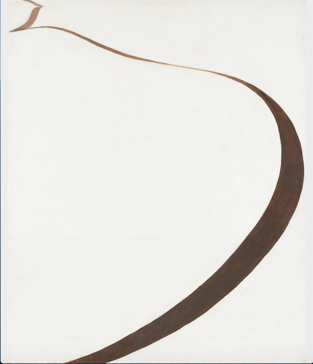 An abstract curve of brown paint on a white canvas evokes the serpentine wanderings of a road as seen from above