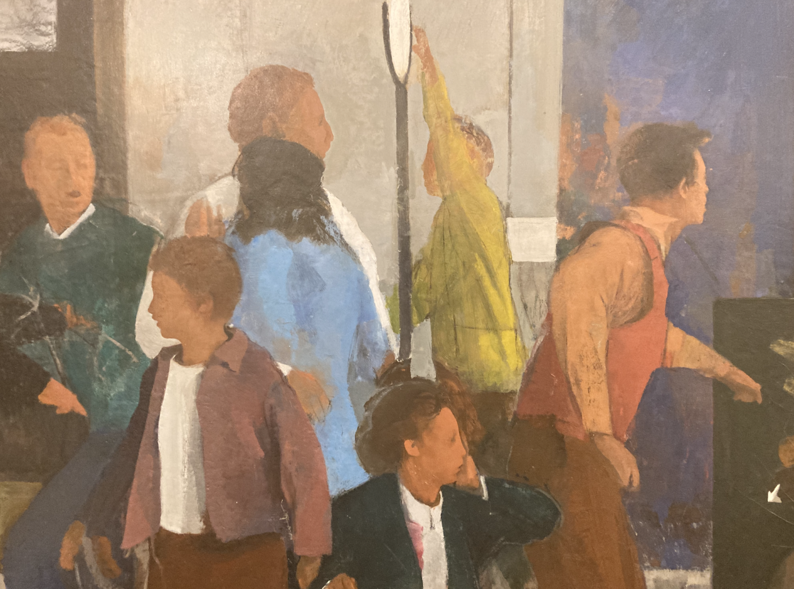 Detail of a large multi-figured painting showing a chaotic street scene with a diverse group of people in colorful clothing interacting with each other