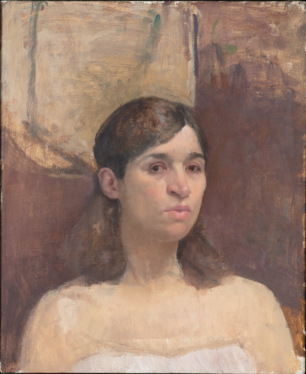 three quarter portrait of a woman with shoulder length brown hair,head slightly turned, looking at the audience