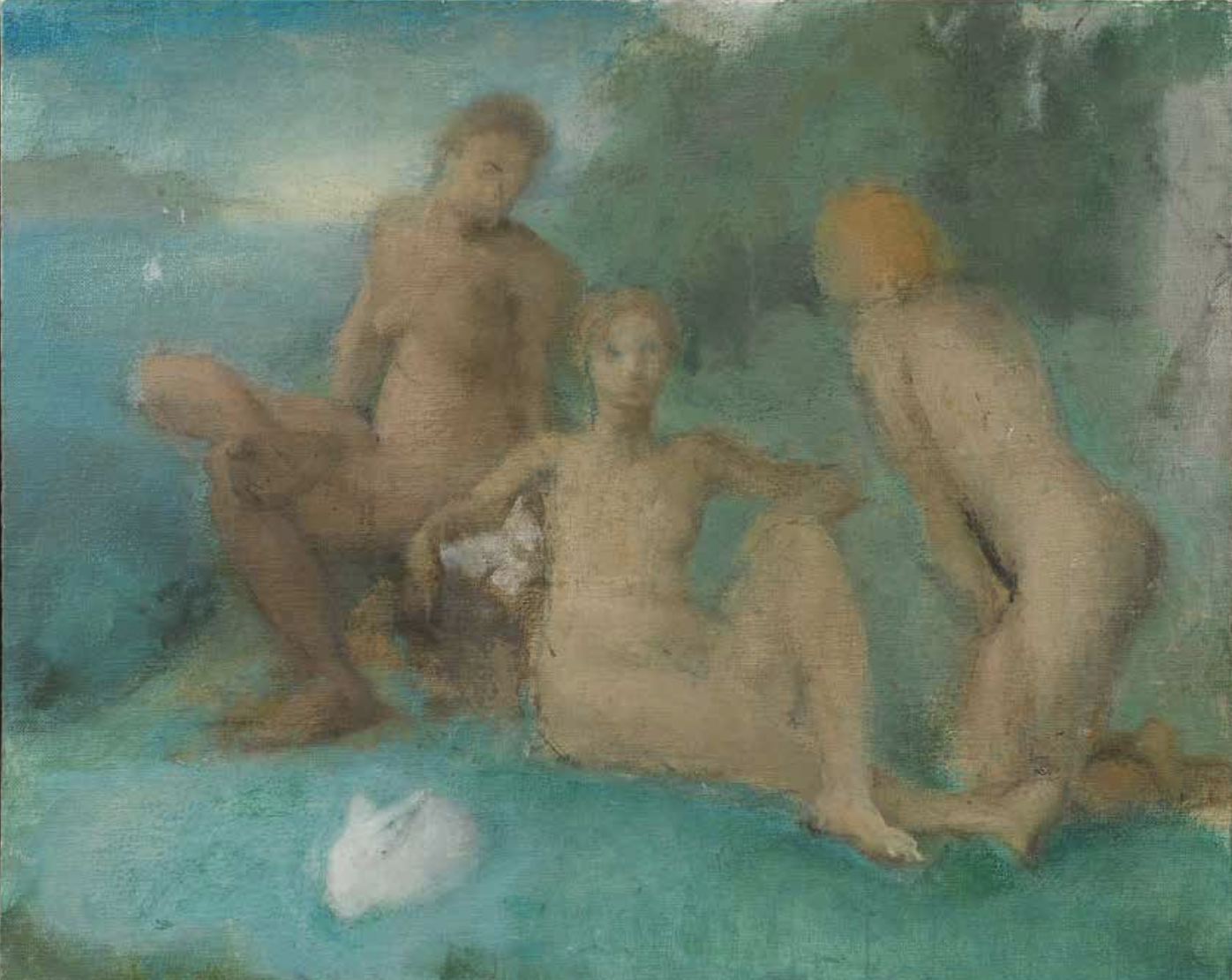 Loosely painted multi figure painting of three women, nude, gathered around a tree set in a pastoral landscape