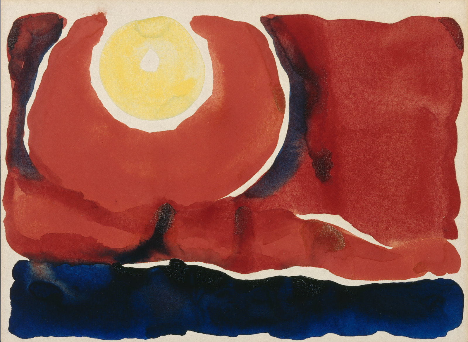 Watercolor painting composed of red and blue primary colors with sharp, clean edges delineated by the white of the paper, with a yellow sphere in the top left representing a sun, with red rings radiating from it and a blue horizon at the bottom