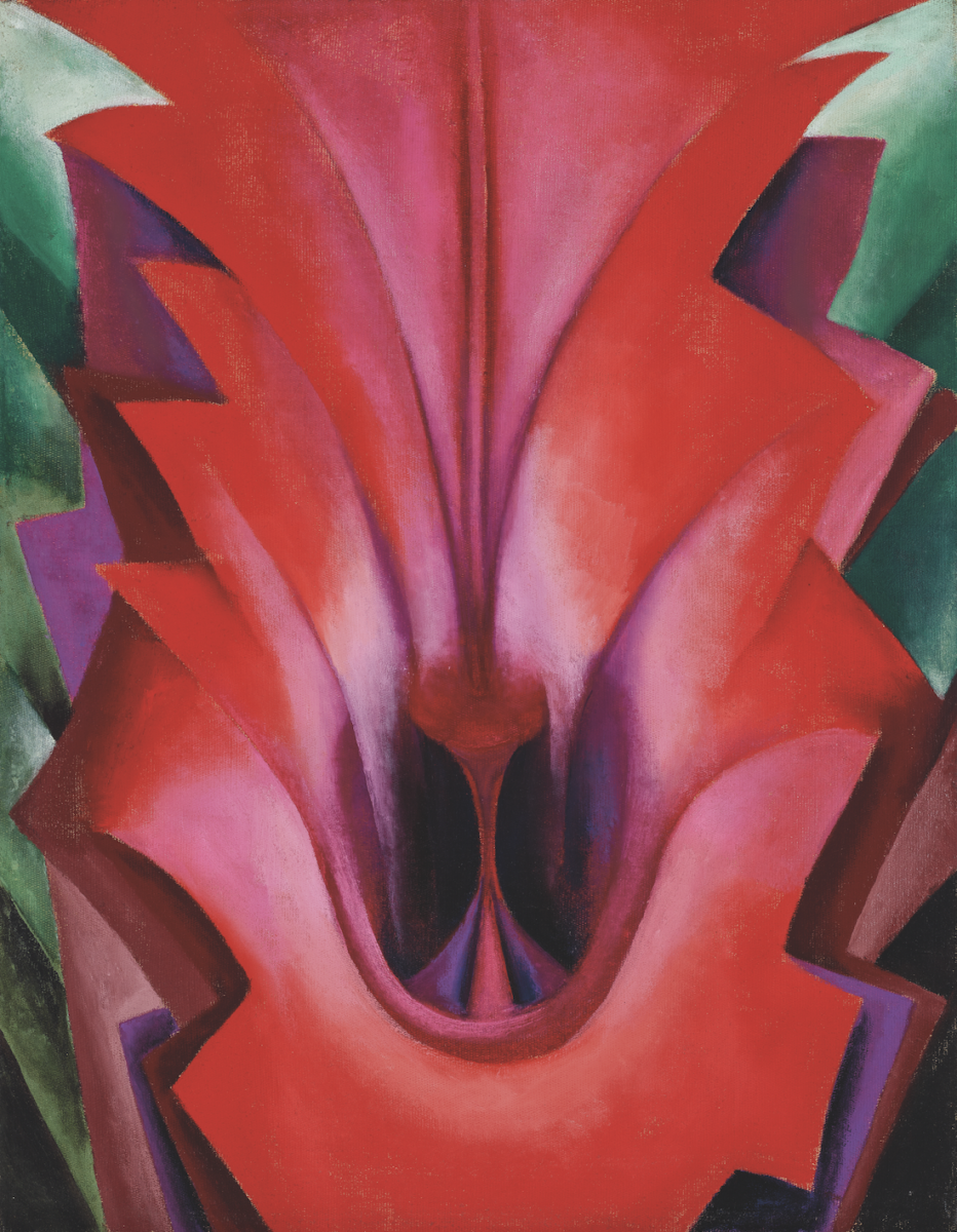 Color oil painting composed of sharp geometries in red and green symmetrical geometries representing an oversized flower that fills the entire canvas with curvilinear stamen in the center