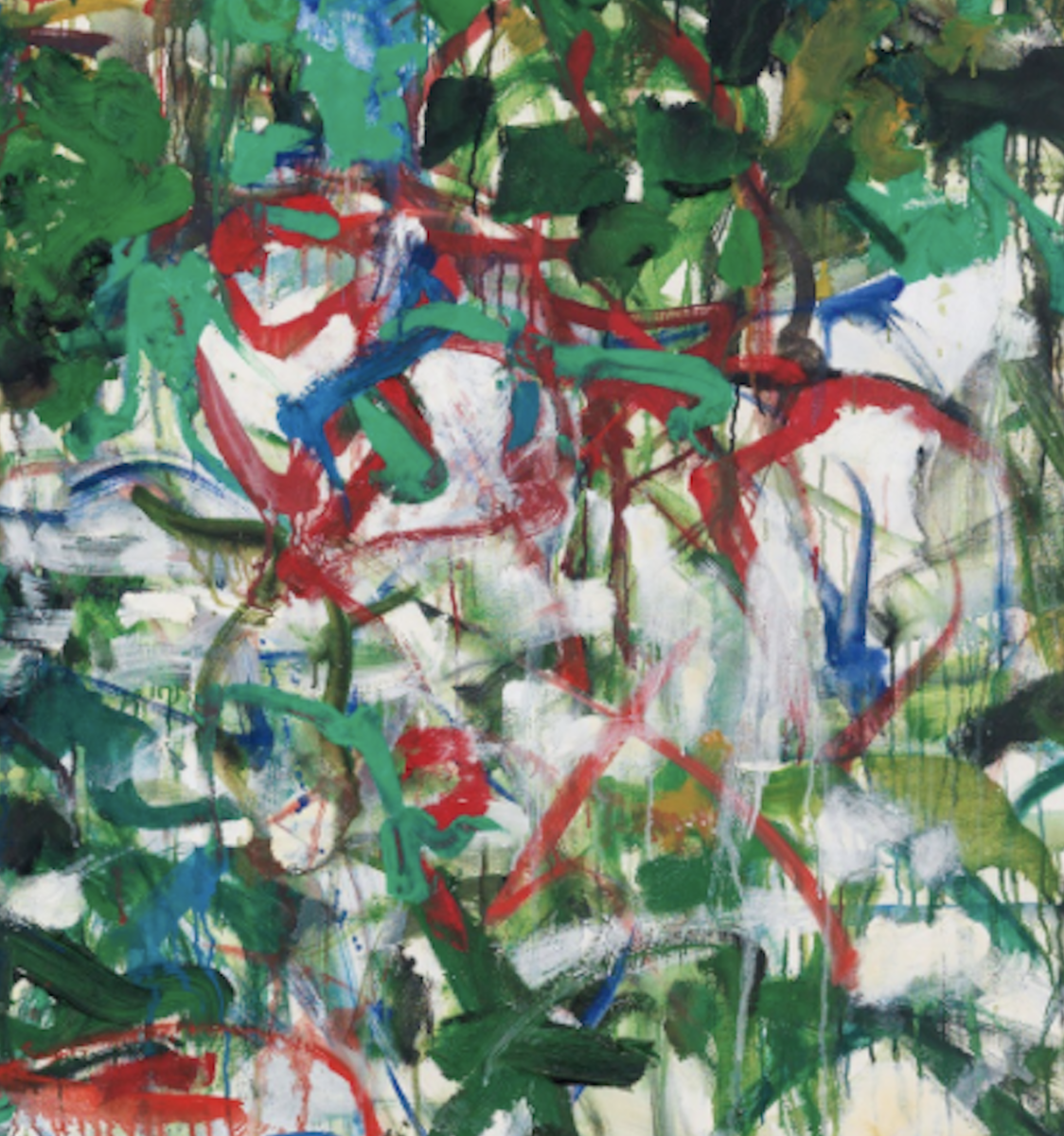 Close up detail of a multi-colored abstract oil painting consisting of thickly laid down green brush marks with accents of red and yellow