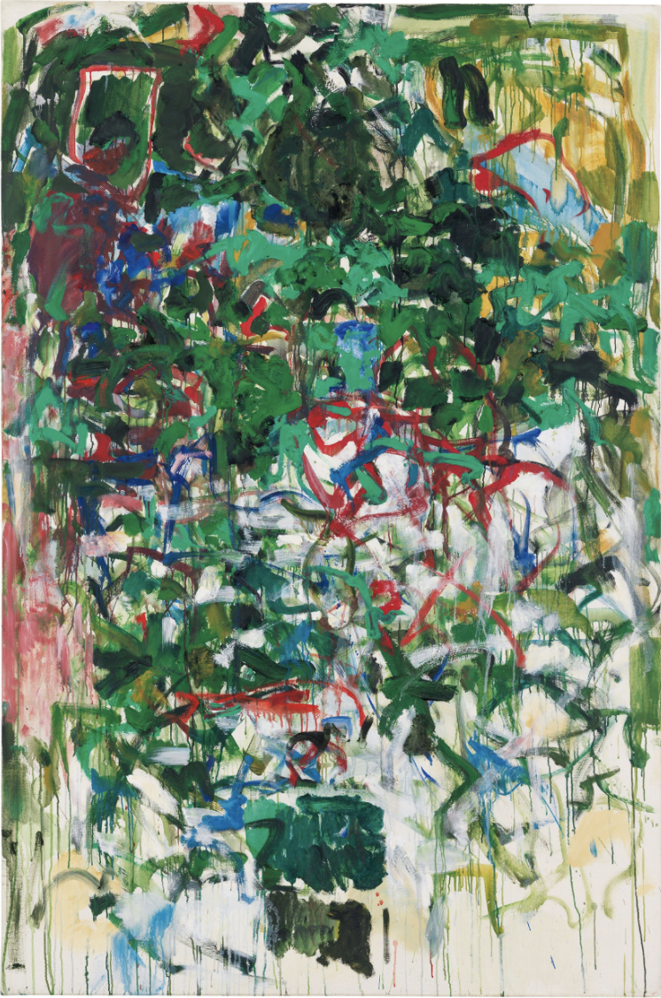 A vertically oriented multi-colored abstract oil painting composed of a multitude of small green brush marks with accents of red and blues. A balance of the brush marks are translucent and thin, with streaks of solvent dripping down from them to create a contrast of thin, vertical lines towards the bottom of the canvas.