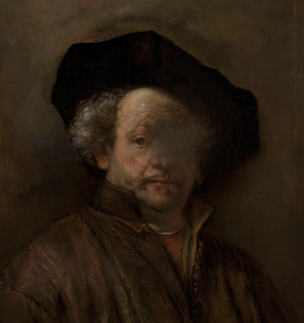 Three quarter portrait painting of an aging man in a wide brimmed black hat turned to look at the viewer. Warm, dark tones surround the man with his upturned collar. Curly graying hair frame a mysterious look that might be one of concern or worry. To illustrate the effect of partial vision loss, one of the eyes in the portrait is obscured by a smoky, dark cloud.