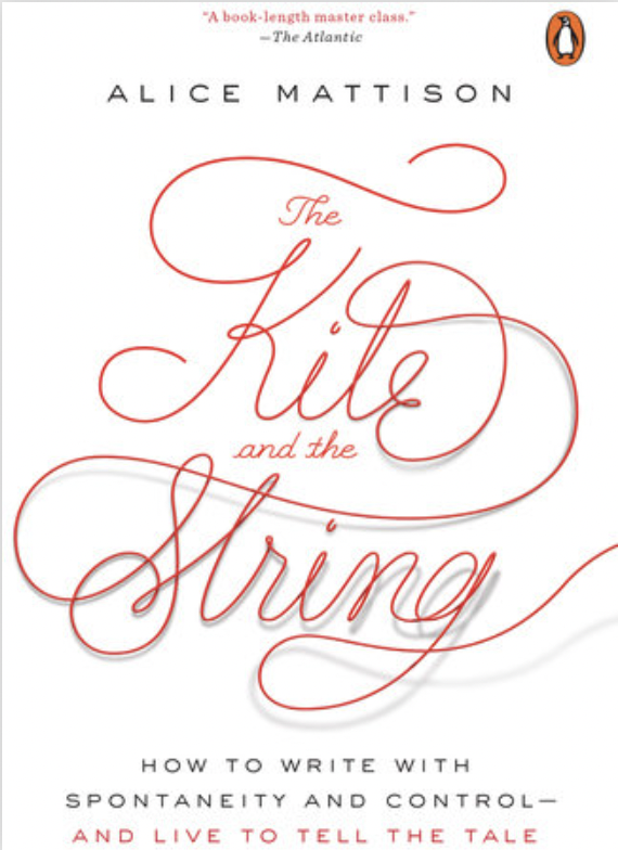 A book cover whose main visual is the title of the book, The Kite and the String, written in red cursive. The words, "Kite" and "String" are the most prominent, and though on different lines, they are connected to one another by a continuous flourish of line that evokes a string.