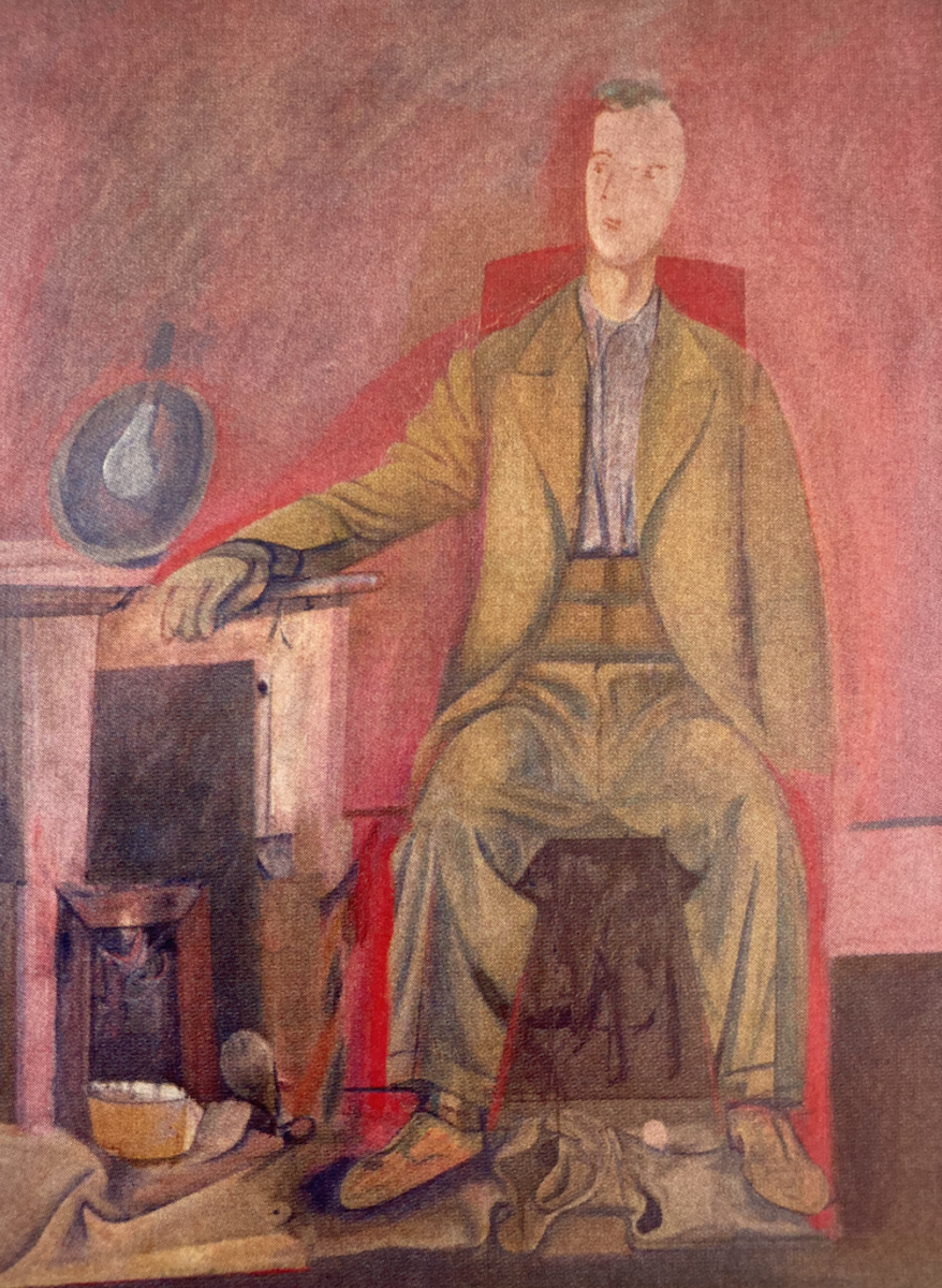 Watercolor painting of a man sitting in a chair facing the viewer. The man is wearing a tan suit and has one arm resting on a table to his side. His features are very faint, and he looks off into the distance to the left, as if lost in thought. The color and tones are very muted.