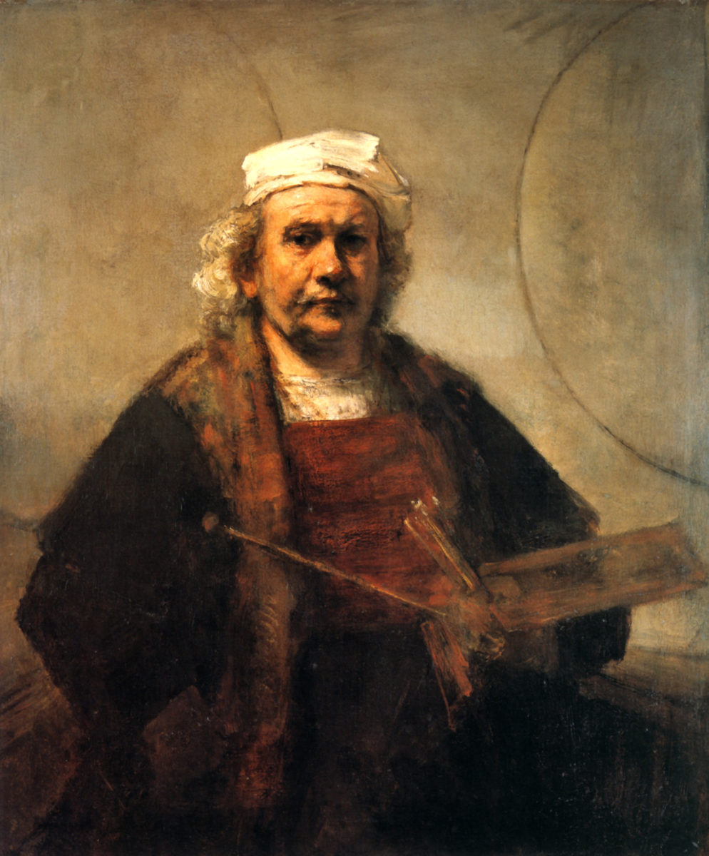An old man in a white cap stares out at the viewer with a penetrating gaze. His left hand holds his hastily painted palette and brushes while his right hand seems to disappear in an unresolved blur into his thigh or the folds of his coat. He wears a red bib over a white shirt, with a fur lined coat on his shoulders. The central focus is Rembrandt’s profoundly sympathetic face, with its bulbous nose, slight mustache, and single line etched across the brow. The eyes are full of sympathy and melancholy, resignation, serenity, and love. Aside from these features, the rest of the picture is much less finished. Rembrandt’s brilliant white cap is freely painted and elements like the painter’s brushes are merely suggested with a few strokes of paint. Somewhat mysteriously, two circles are inscribed side-by-side on a plaster wall behind Rembrandt, though only a portion of their arcs is visible.