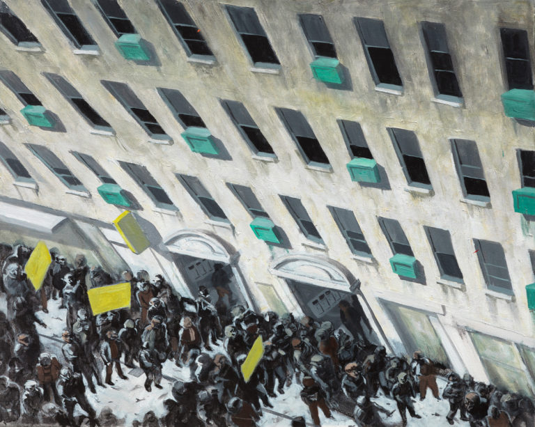 A painting from a skewed, aerial perspective that depicts protesters at the entrance of a massive concrete edifice, which implacably dominates the picture plane. Because of the perspective, the building, which has three rows of windows, is depicted at a lean, as if it might fall and crush the people outside. Some of the protestors hold yellow flags. In a gesture that lends an absurd, dreamlike uniformity to the scene, every third window is fitted with a turquoise window air conditioner.