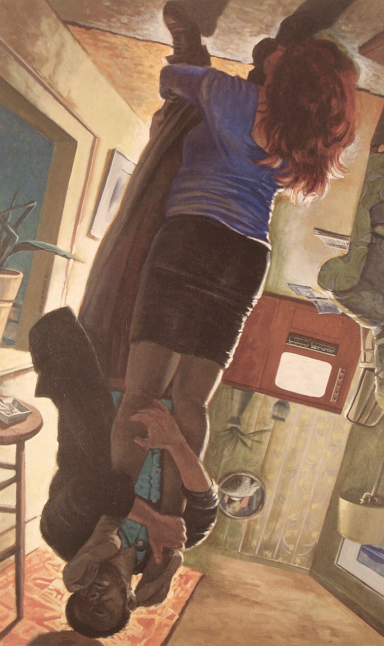 A man stands upside-down and face forward in a small compartment of a room that is tipping to the right like a ship at sea. He embraces a woman whose orientation is opposite his. She is right-side up, with her feet hovering above the ground, her back to the viewer, thick auburn hair flung back. Because of their opposite orientations, the man’s arms embrace the woman’s lower legs, and the woman’s arms embrace the man’s lower legs. A reversible composition, this painting can be flipped 180 degrees, in which case the woman is upside-down and the man right-side up. Fragments of the room’s furnishings are visible (a stool, a plant on a windowsill, printed matter), which, like the two figures, appear either upside down or right-side up depending on the painting’s orientation.