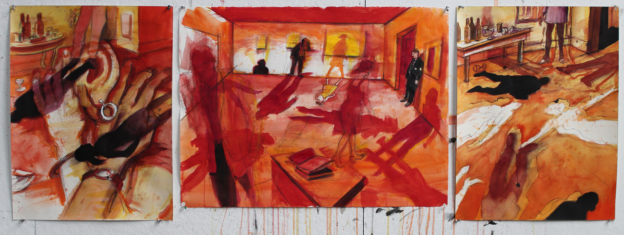 Three watercolor drawings pinned up next to one another against a white board to form a triptych. Each drawing depicts a room (not necessarily the same room), washed in warm reds and oranges, filled with the ghostly iteration of bodies. Most of the bodies are stenciled shapes on the floor rendered in either more opaque black and red paint or created from the white of the paper. In the central panel, which is slightly larger than the two side panels and more horizontal in orientation, several translucent figures walk around the room, and a man in a guard’s uniform leans against the wall by the door.