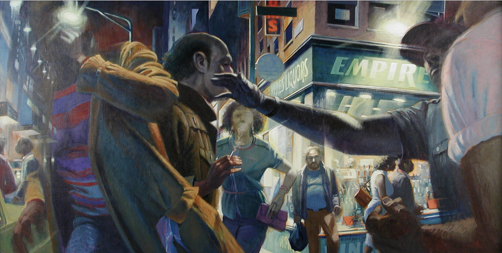 A cityscape with a sense of urgency and aggression. A figure in the left foreground, whose face is effaced, appears to be fleeing as another man from the right foreground reaches out toward him. There are several figures in the painting, all of which are shown only partially--their arms, hands, profiles, torsos. While the figures in the foreground seem embroiled in the central action, other figures are mere observers or passersby.