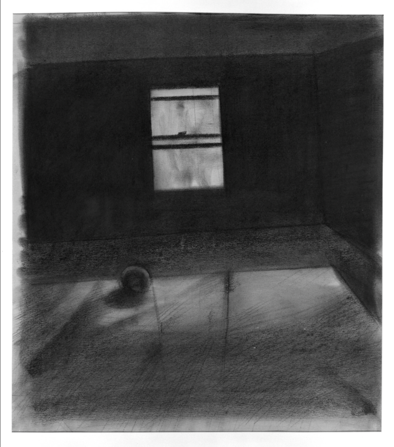 A dimly lit room with a bright window is empty except for a sphere-like object on the floor that casts a shadow.