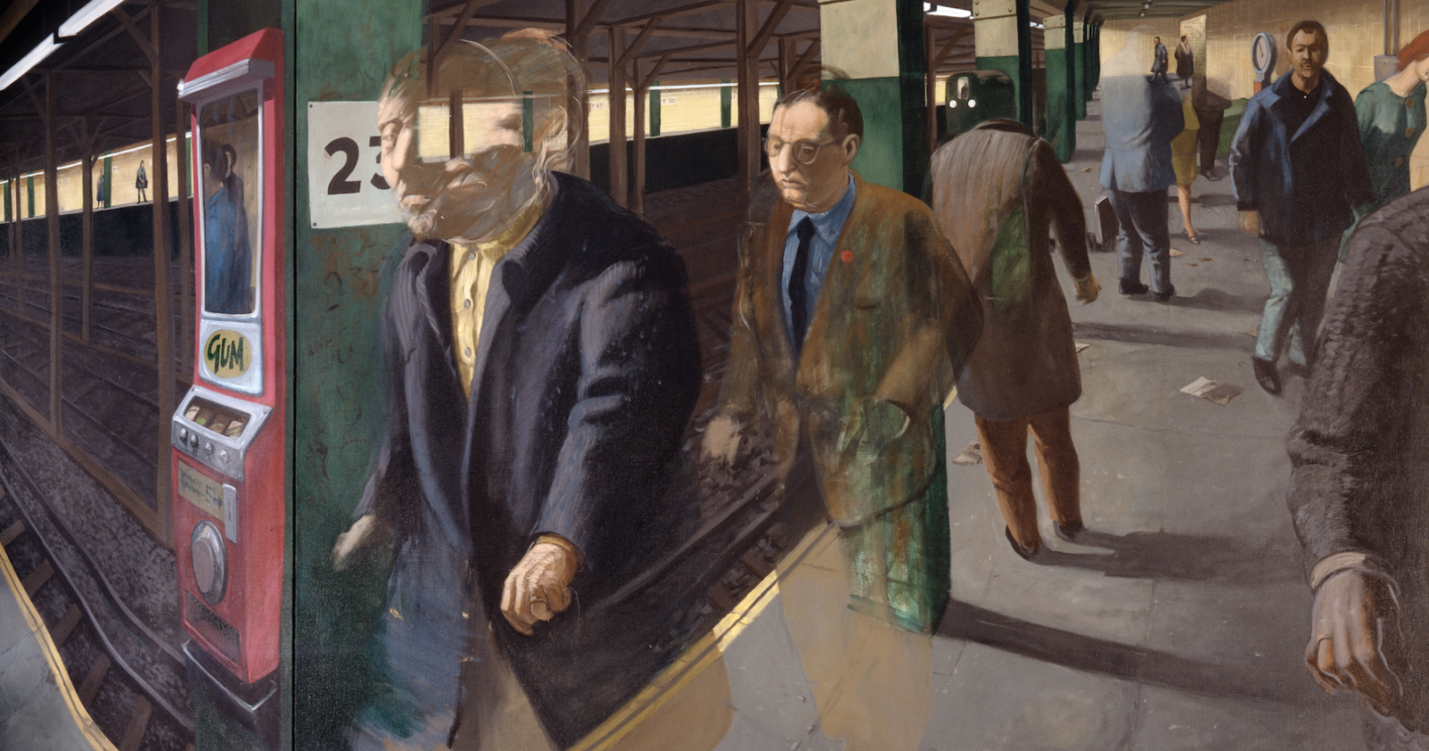 Painting of a florescently-lit subway platform with riders coming and going. The way the figures are depicted has a surreal quality to it, with one man's head, for instance, treated as if it were a window and transparent, through which one sees the structural elements of the station behind him.
