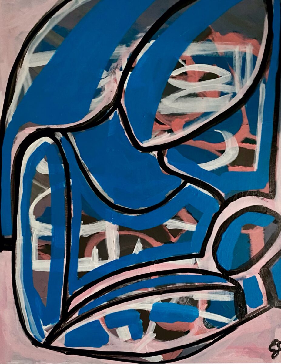 A few confident lines of black paint depict a woman holding a baby in the crook of her arm. The peaceful blue of the woman's body is almost violently interrupted here and there by streaks of brown and pinkish orange designs.