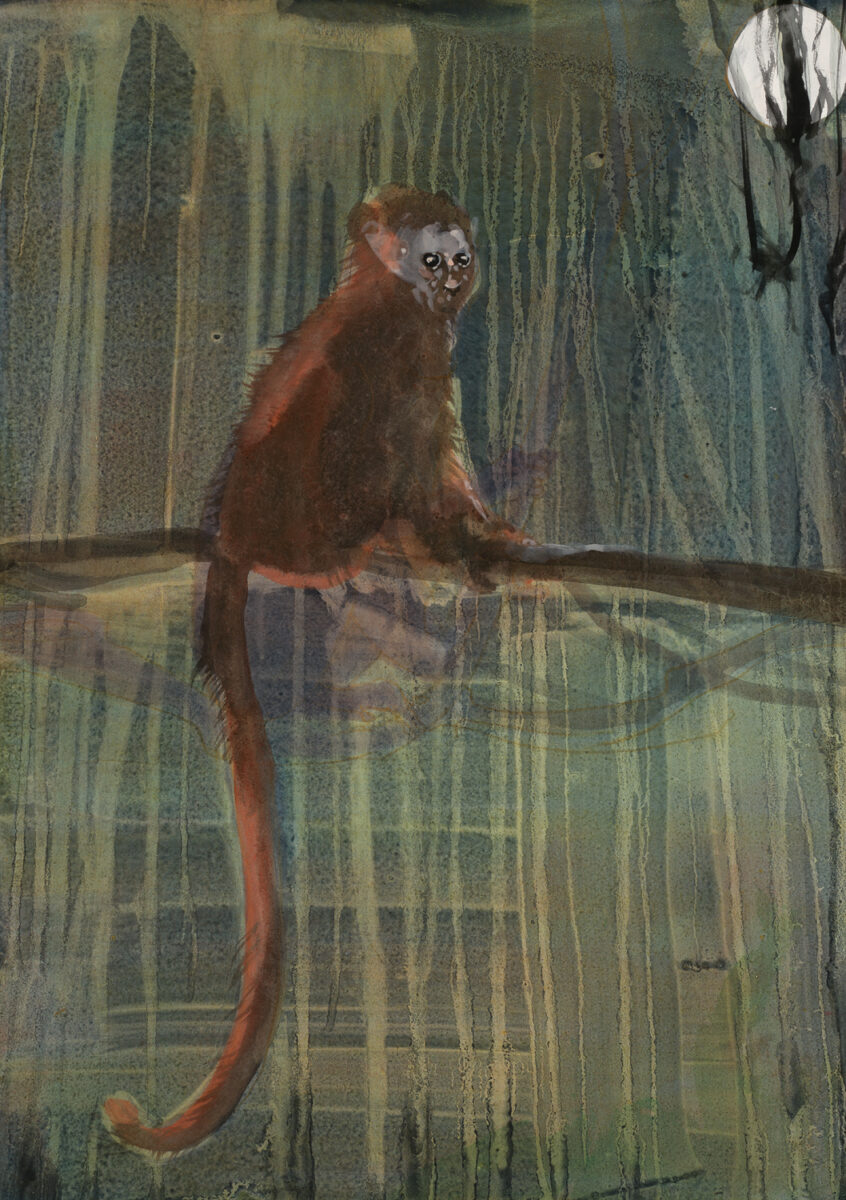 A monkey on a tree branch with a full moon in the upper right hand corner behind it. The background of the monkey is streaked with different variegations of greenish paint.