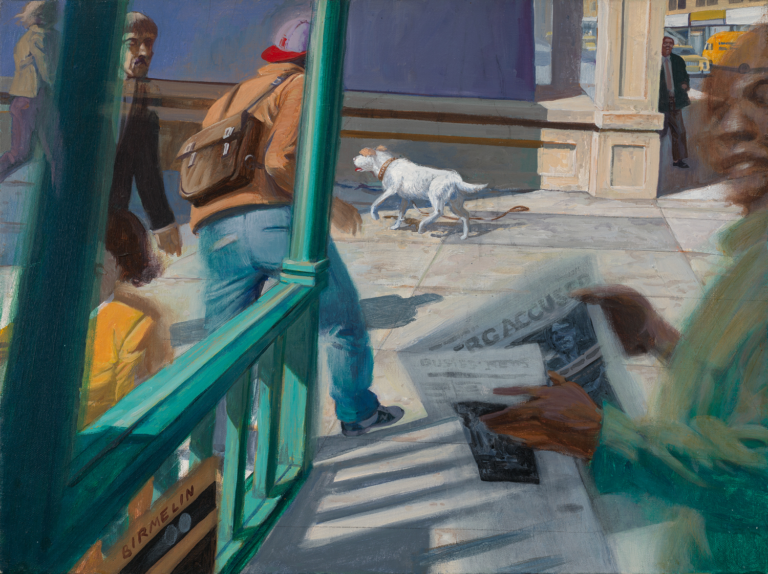 People hurry up the steps of a subway station while a man reading the newspaper turns as if the viewer had asked him a question, all while a white dog passes by.