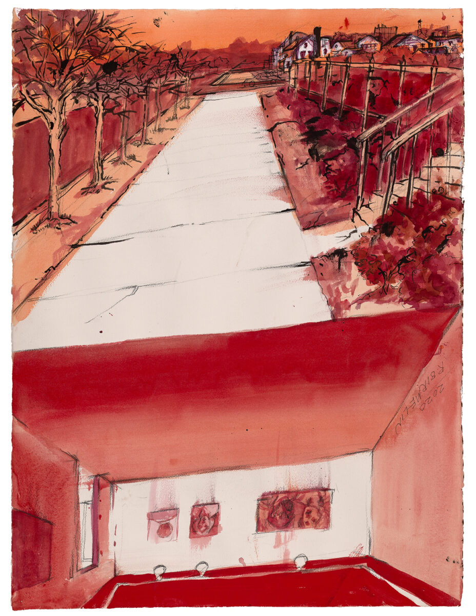 The color red predominates in this watercolor of two different scenes. Above is a street lined with trees; below is a studio with drawings on a wall. The painting is reversible.