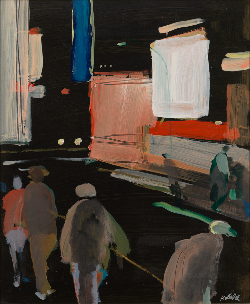An almost abstract rendering in broad brushstrokes of a city street at night with, in the foreground, the shapes of people whose inner lives we can almost sense heading home from work.